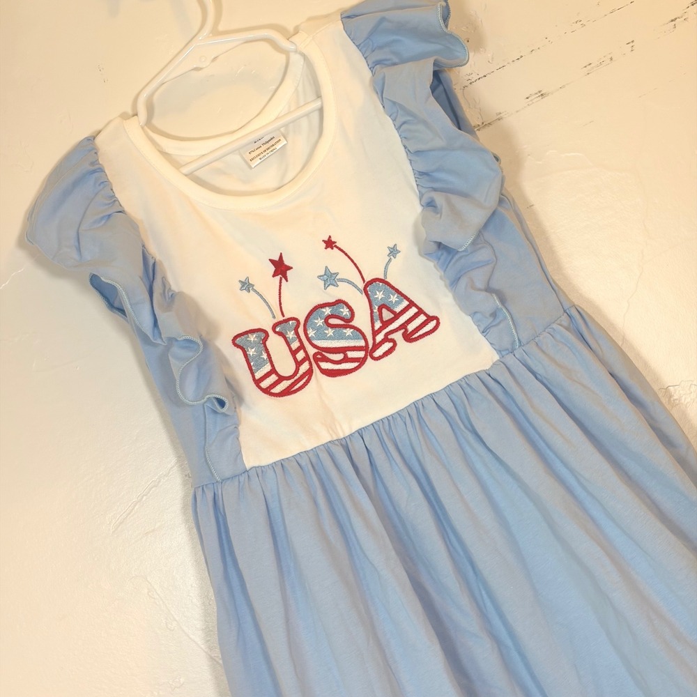 Girls USA Patriotic Flutter Sleeve Ruffle Dress Blue White Red Size 7-8 Years